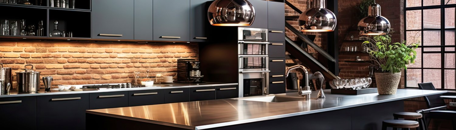Urban kitchen with exposed brick walls. Glossy black cabinets contrast against the red brick
